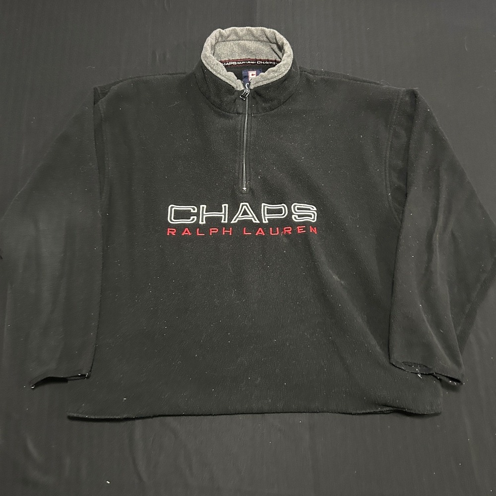 Vintage Chaps Ralph Lauren Fleece Quarter Zip Black Cropped Pullover Mens XL